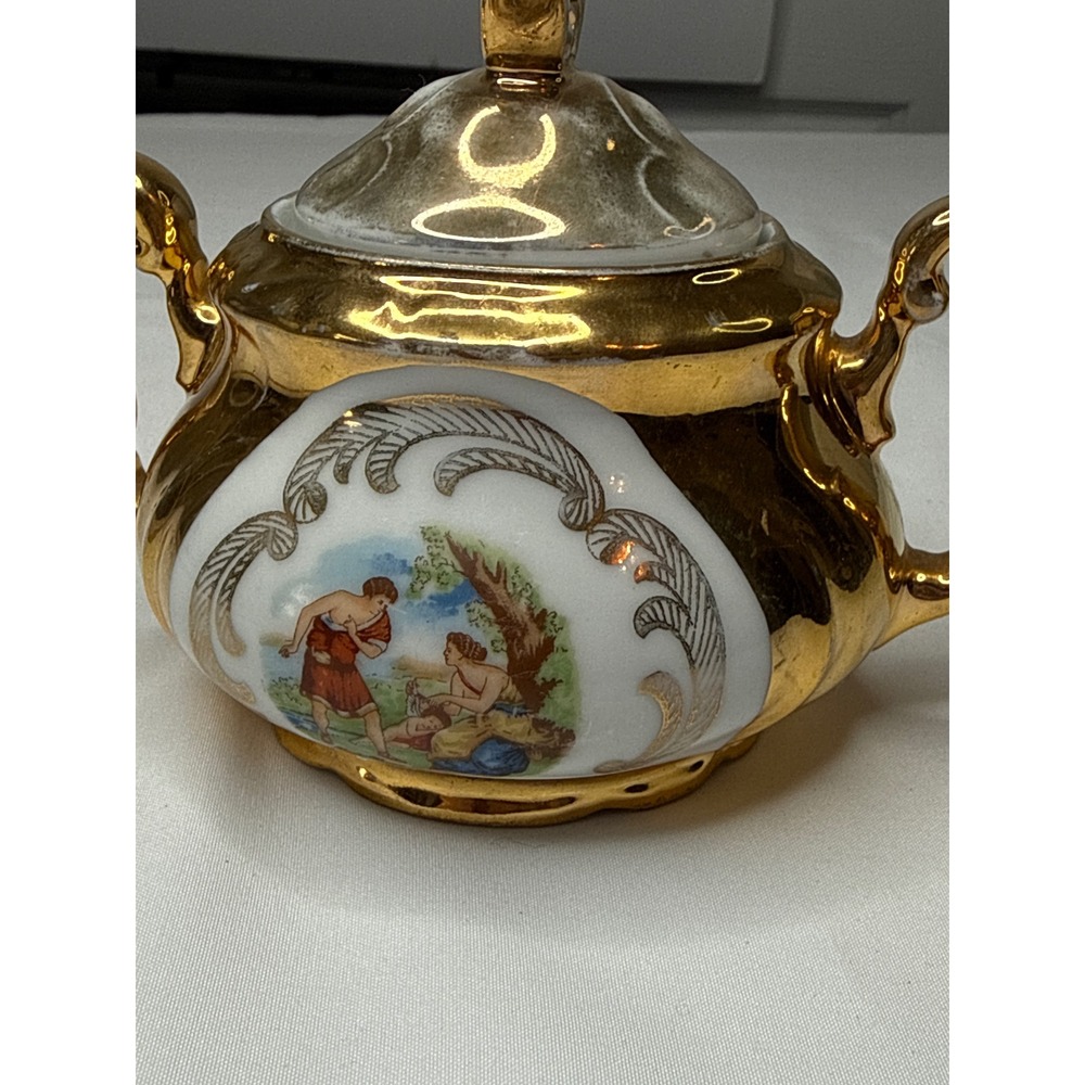 Vintage Bavaria Gold Encrusted Sugar Bowl with Lid Fragonard Courting Couple